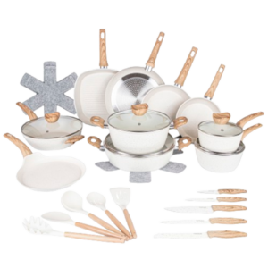 Nuovva Cream 35-piece non-stick cookware set. Cooking set for induction hob. Gift for new home.