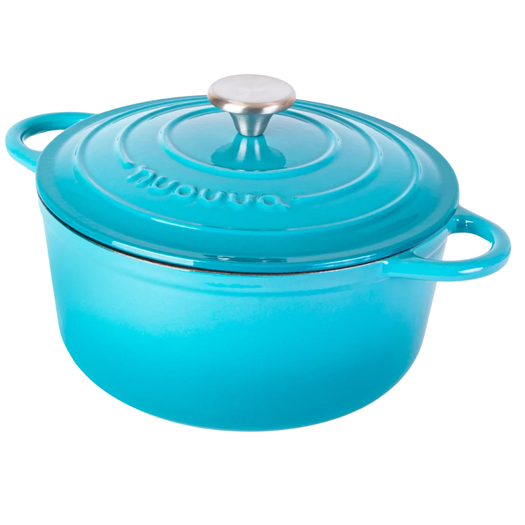 Nuovva Light blue Dutch oven cast iron with lid. Casserole pot for hob to oven cooking.