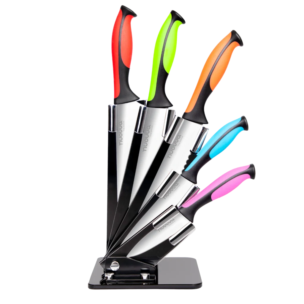 Nuovva Multicolour Kitchen Knives set with acrylic block. Knife set with acrylic block. Gift for new home.