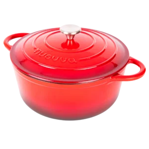 Nuovva Red Dutch oven with lid. Non stick cast iron pan for hob to oven cooking.