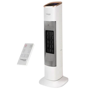 Nuovva Gold heater with remote control and adjustable heat settings.