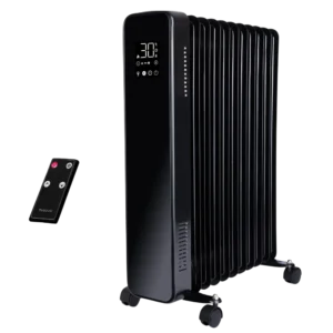 black oil-filled radiator with remote control for energy efficient heating in the office.