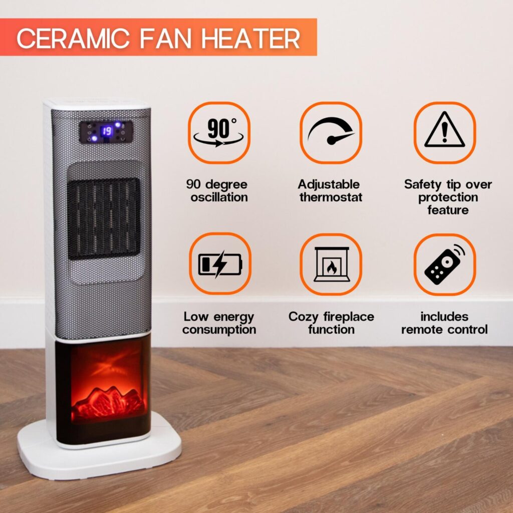 Ceramic heater with fireplace display. 90 degree oscillating heater with adjustable thermometer and anti tip safety features. Heater with remote and low energy consumption.